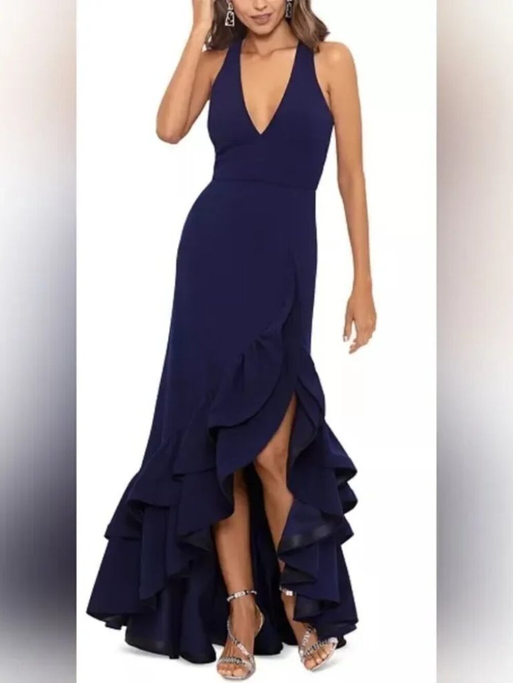 Betsy & Adam V-Neckline Scuba Crepe Tiered  Ruffle Slit Gown Night Size 8